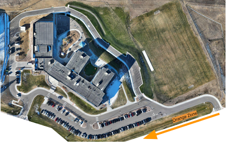 Aerial school map with emphasis on oranze zone parking route