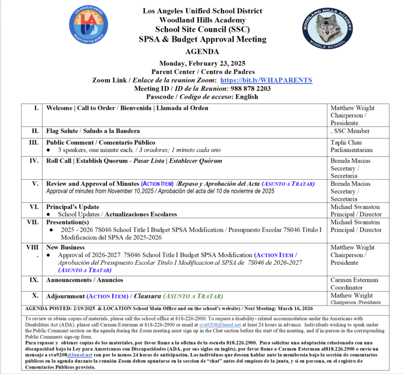 School Site Council Agenda - Monday, February 23, 2026 - 3:10 PM - Parent and Community Center Featured Photo