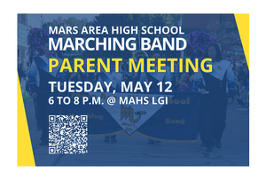 a flyer with information about an upcoming Marching  Band Parent Meeting