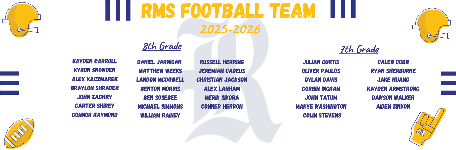RMS Football Team roster for 2025-2026 with 8th and 7th grade players listed.