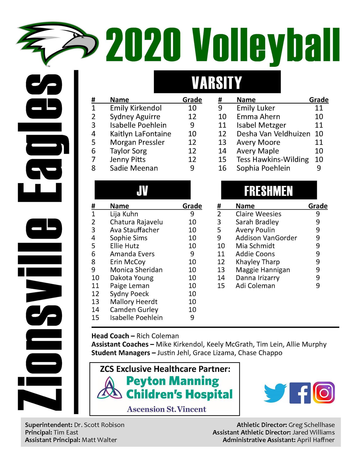 Roster Girls Volleyball Zionsville Community High School