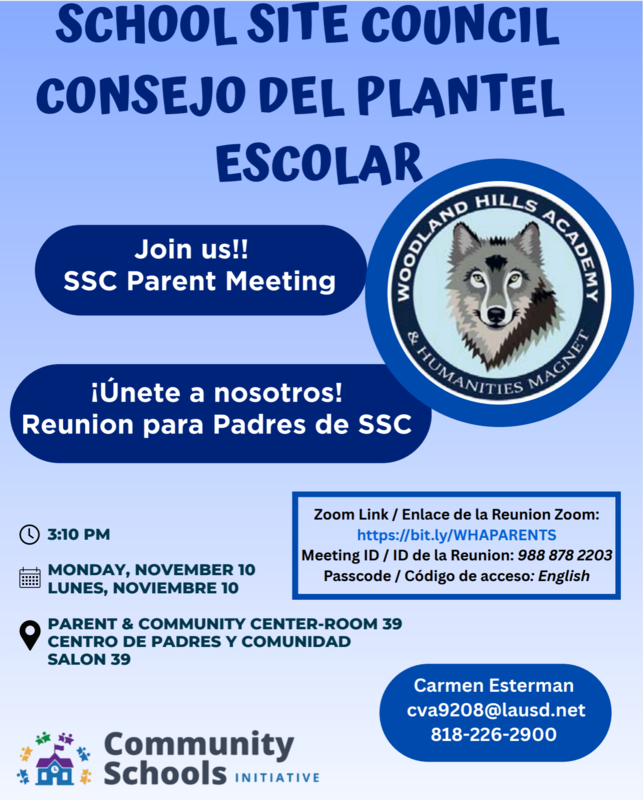 School Site Council - Monday, November 10 - 3:10 PM - Parent Center