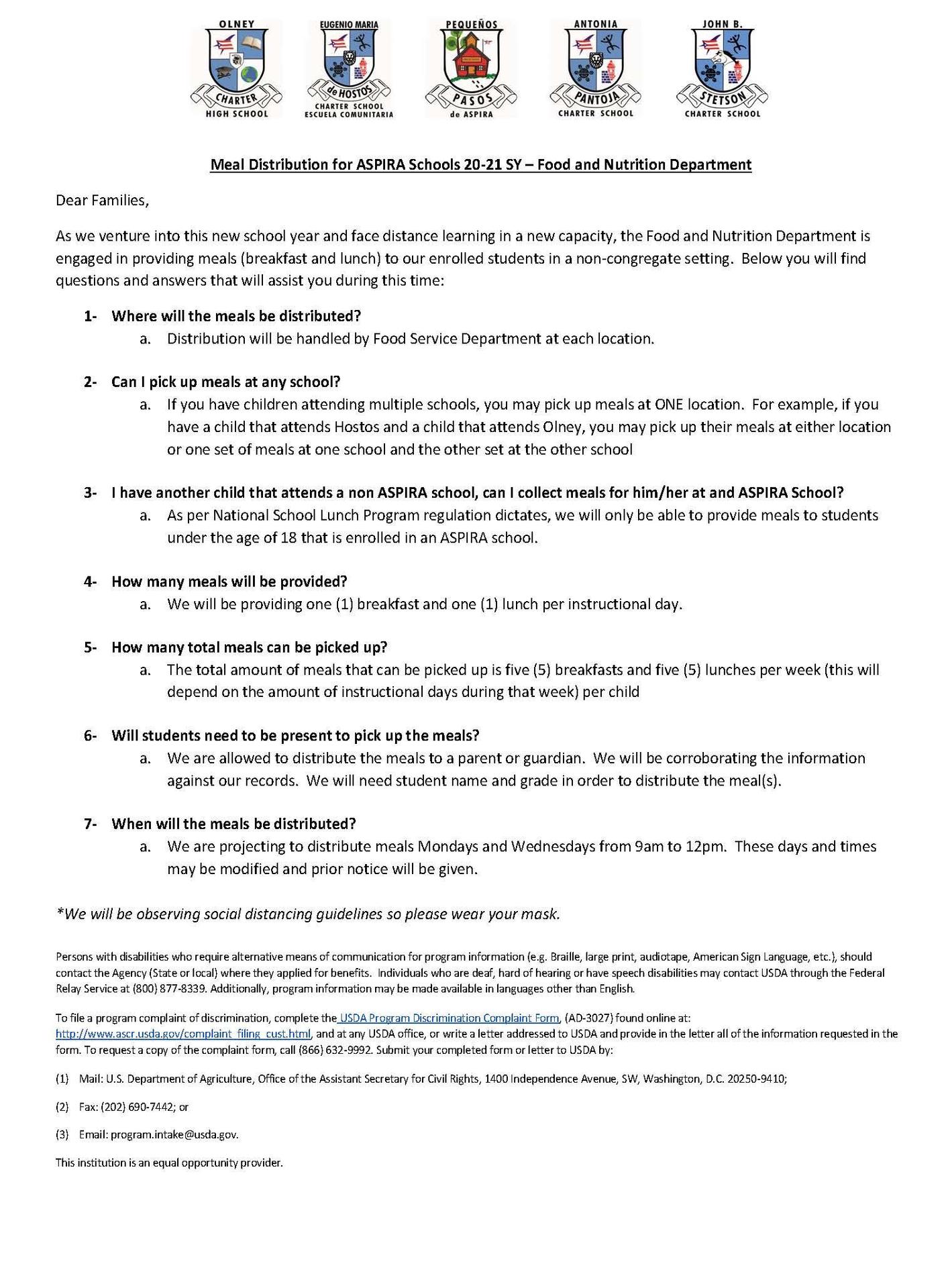 Meal Distribution for ASPIRA Schools 20-21 FAQ