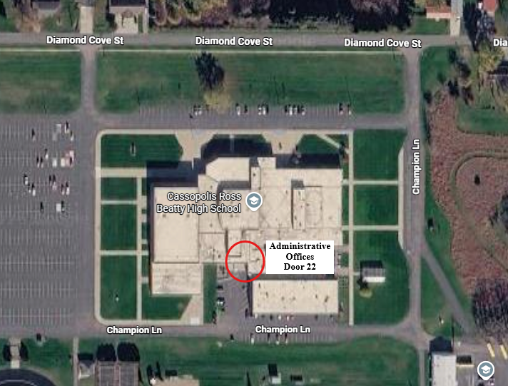Aerial View of High School Building with Door 22 highlighted