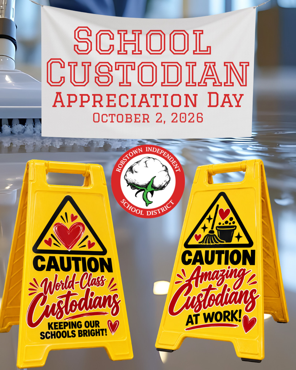 Banner for Custodian Appreciation Day with caution signs and school district emblem.