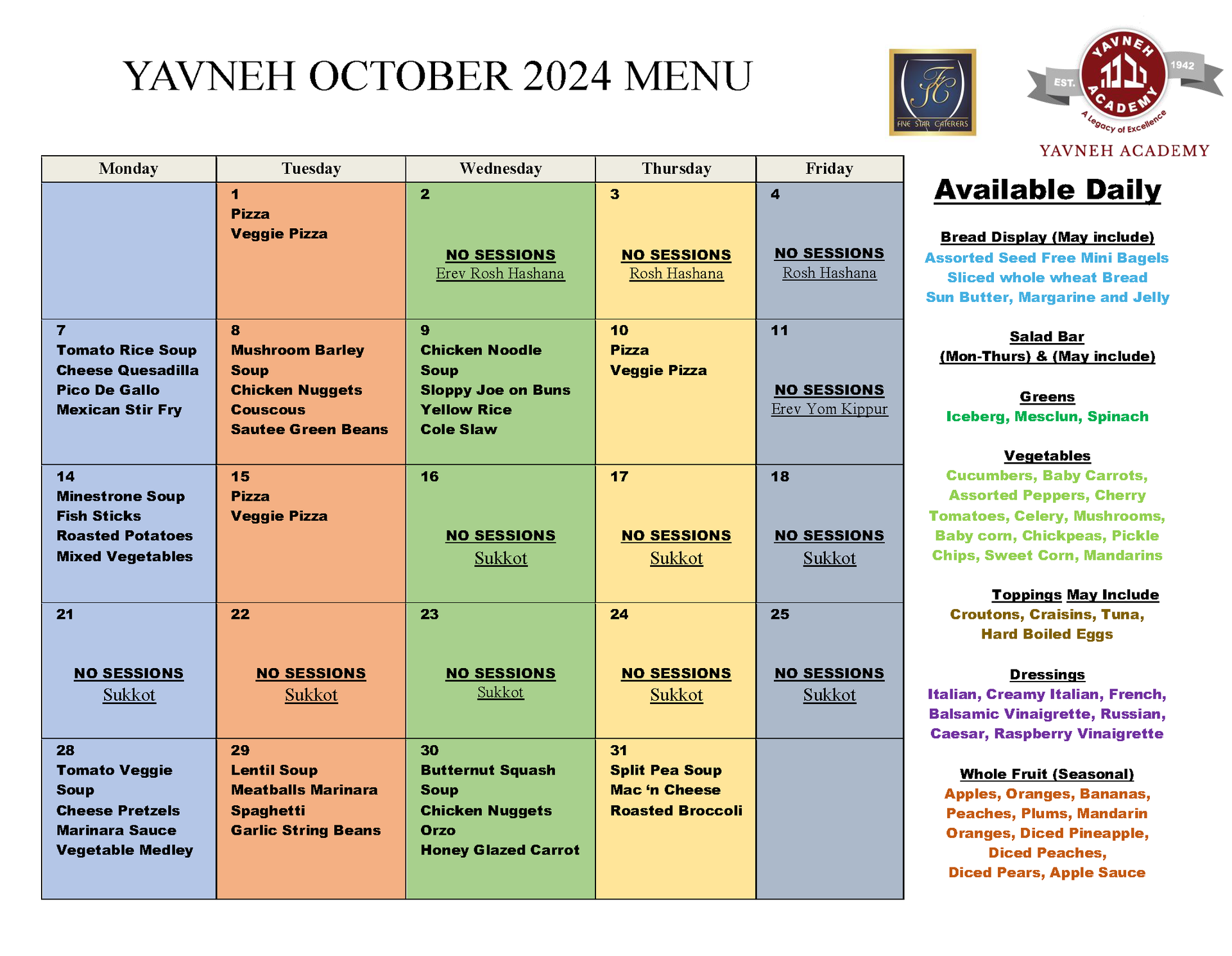 Lunch Menu - Parent Resources - Yavneh Academy