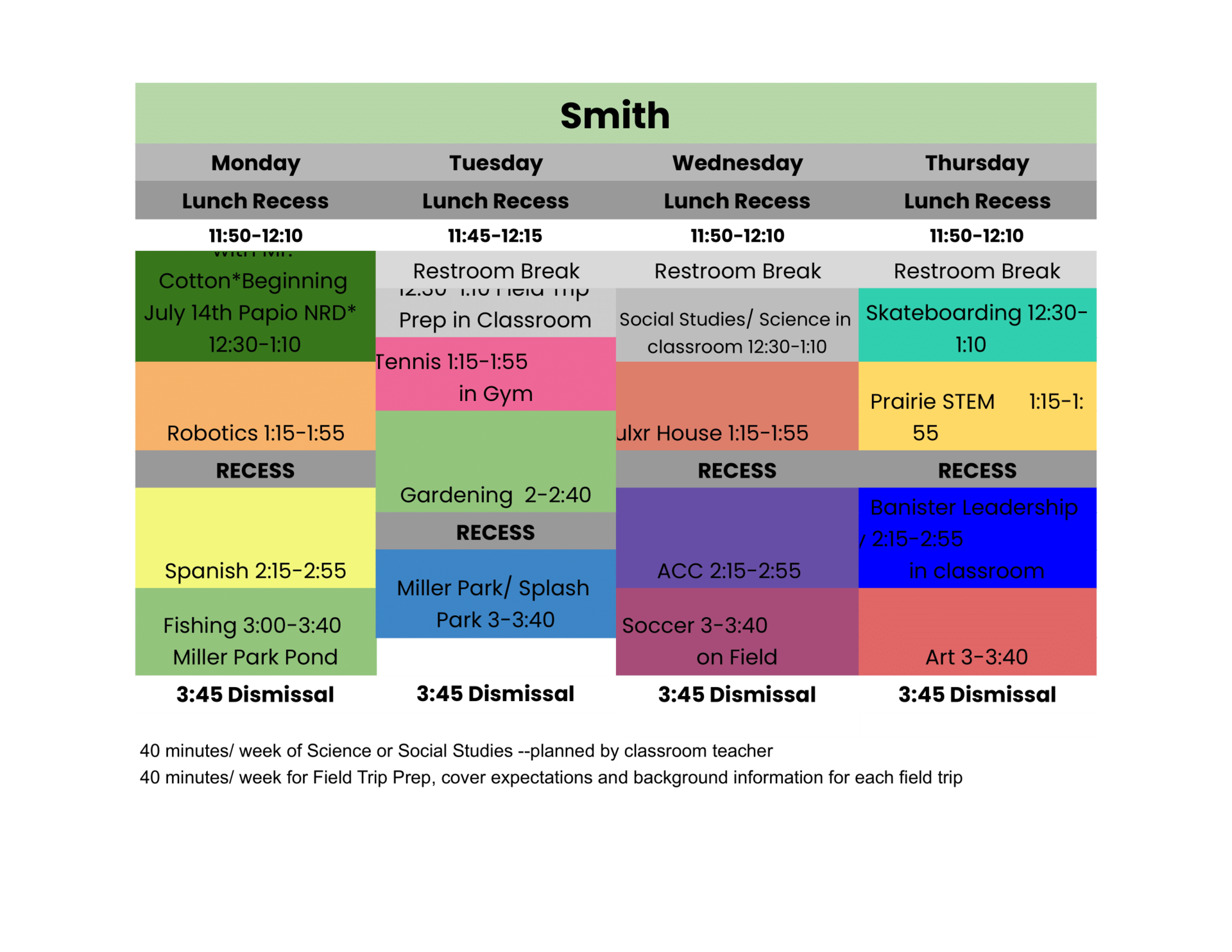 Graphic shows the summer schedule with different colors for each activity.