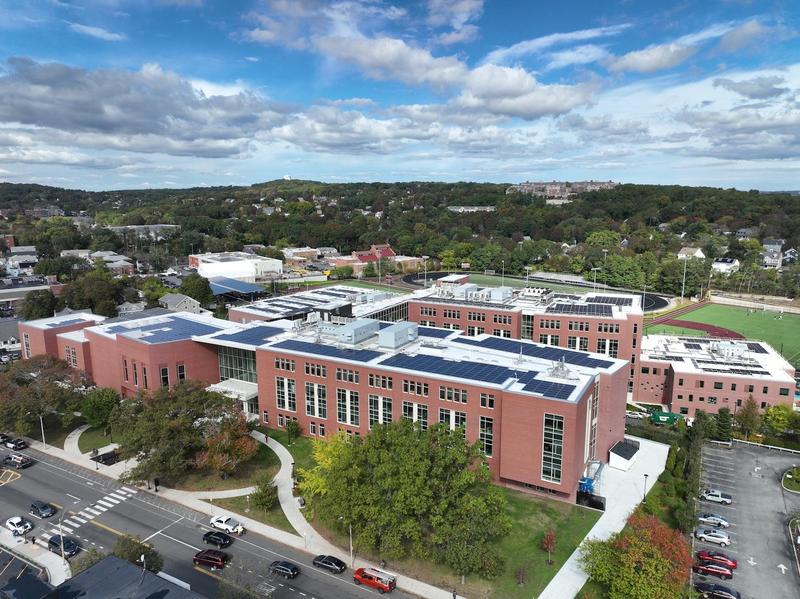 Aerial view of the new and completed AHS