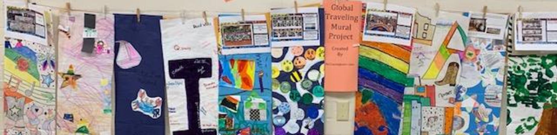 art from around the us - Ms. Cunningham's Global Traveling Mural Project. Mural pieces came from Solomons, Maryland, Kansas City, Missouri, Winnipeg, Manitoba,Tyler, Texas, Red Deer, Canada, Topeka, Kansas, Ridge, Maryland, and Morris Plans, New Jersey.