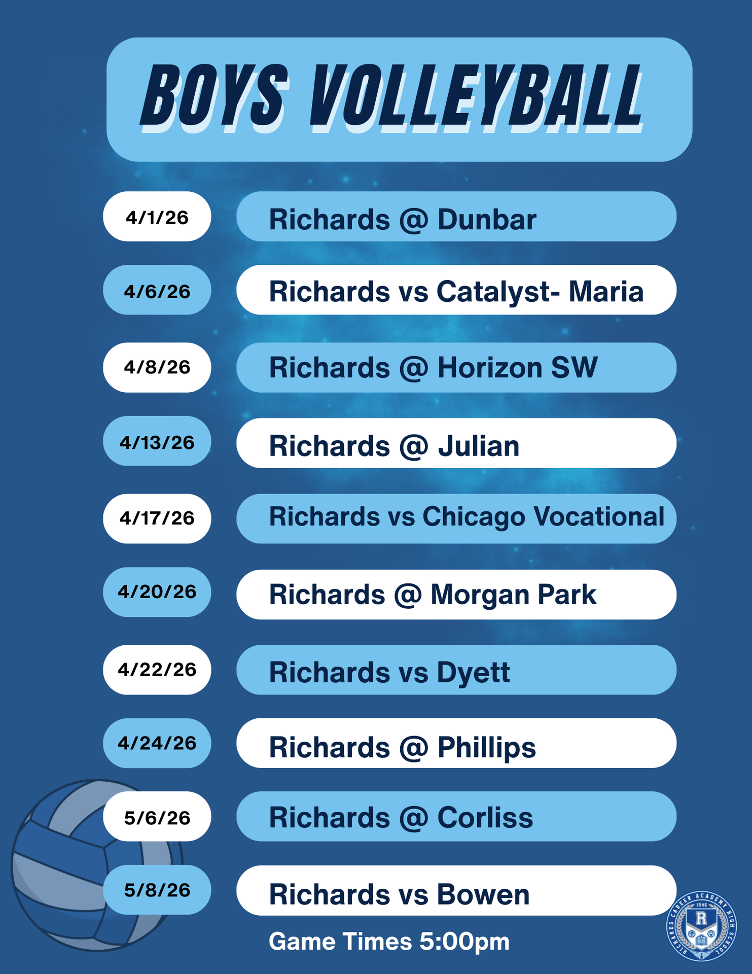 Boys Volleyball Spring 2026 Schedule
