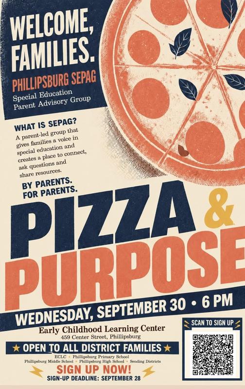 Tan Background with dark blue and orange writing inviting for pizza & purpose