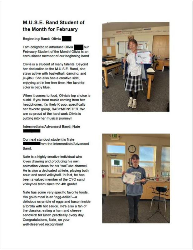 M.U.S.E. Band Students of the Month: February