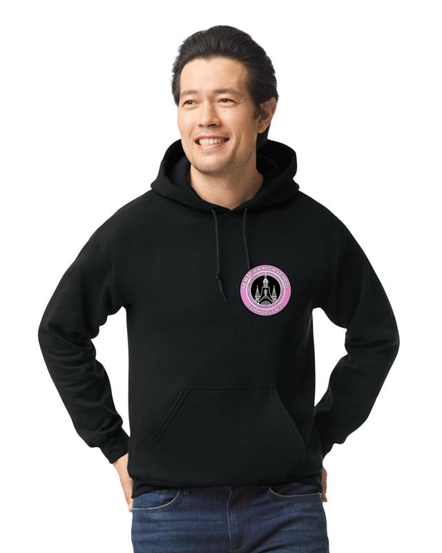 Black breast cancer awareness hoodie. Pink Newtown logo.