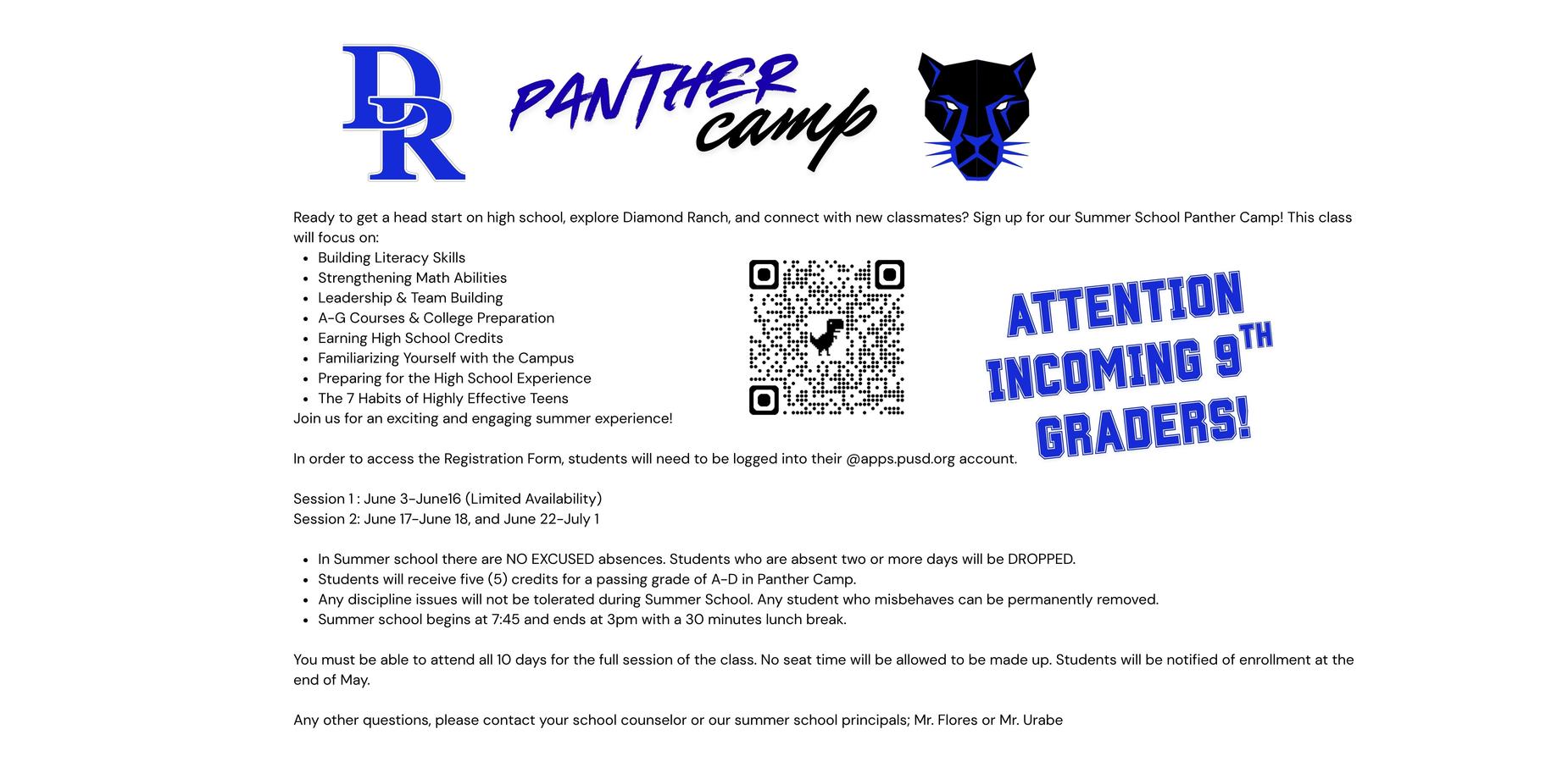 Incoming 9th graders - Sign up for Panther Camp!