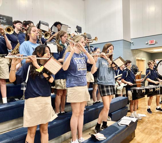musicians standing in bleachers playing instruments