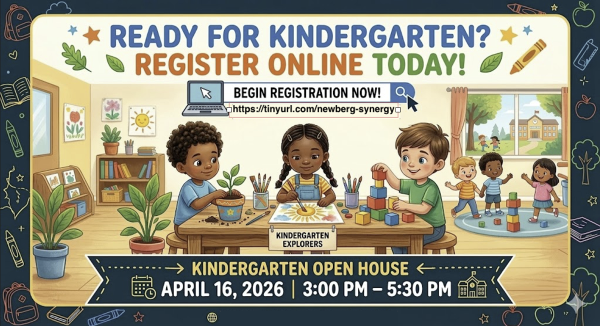 Alt Text: Colorful banner promoting kindergarten registration. The graphic reads “Ready for Kindergarten? Register Online Today!” and includes a button that says “Begin Registration Now!” with a link to the Newberg Synergy registration page. The illustration shows three young children sitting at a classroom table—one planting a small plant in a pot, one painting a picture, and one stacking colorful blocks. In the background, additional children are playing on a rug in a bright classroom. At the bottom of the graphic, a banner announces “Kindergarten Open House — April 16, 2026 — 3:00 PM–5:30 PM.”