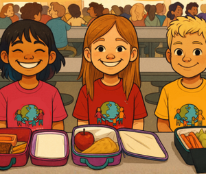 Three cartoon students smiling while sitting at a lunch table with lunch boxes open in front of them