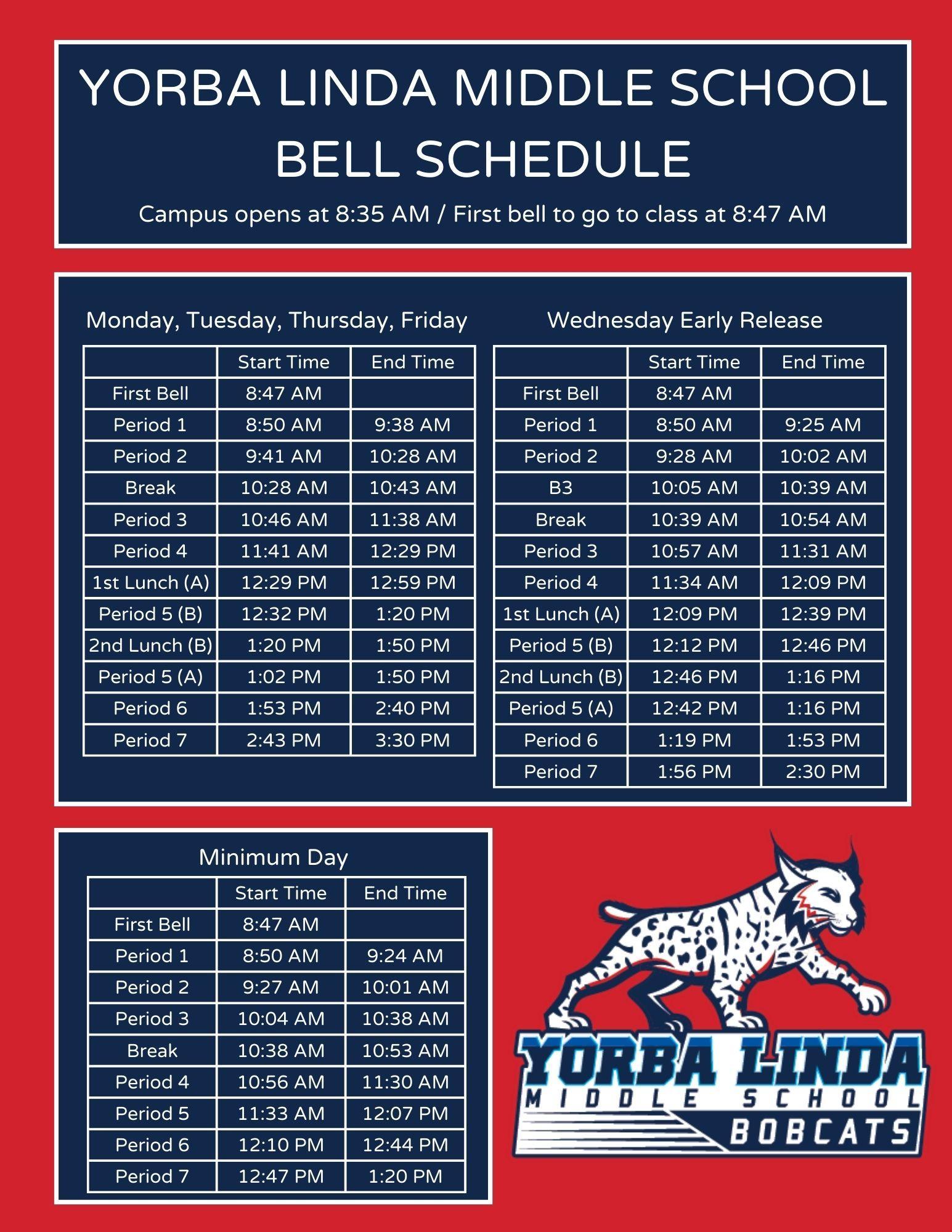Bell Schedule YLMS Info Yorba Linda Middle School