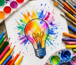 Colorful illustration of lightbulb surrounded by art supplies