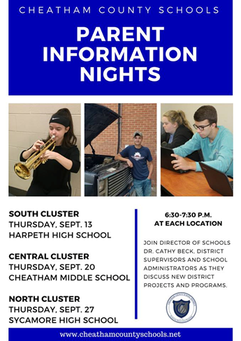 Parent Information Night Dates. Dates are located in message.