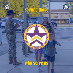 A military service member greets a family outside a building, featuring a purple star logo.