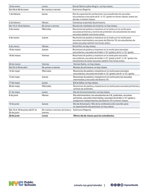 NYCPS Calendar Page 2 (Spanish)