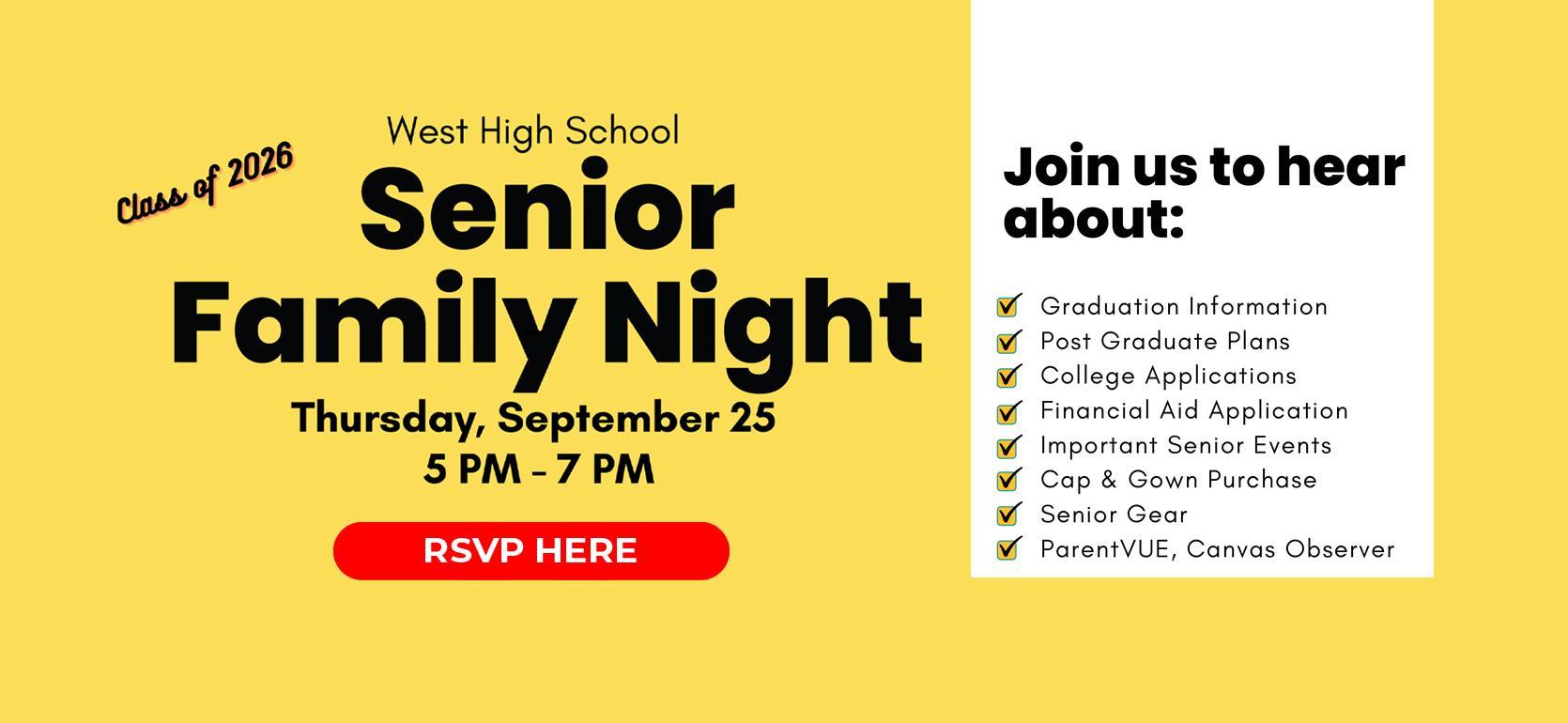 Bold graphic announcing West High School's Senior Family Night with event details.