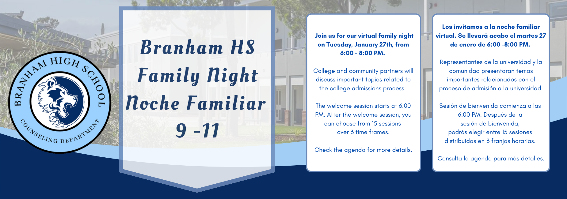 Image of the school with banners of text and the Branham logo