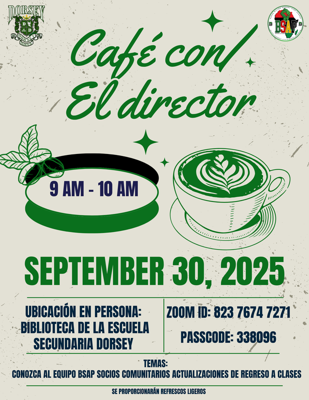 coffee with the Principal flyer in spanish with date and time