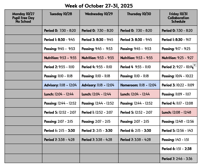 Weekly bell schedule
