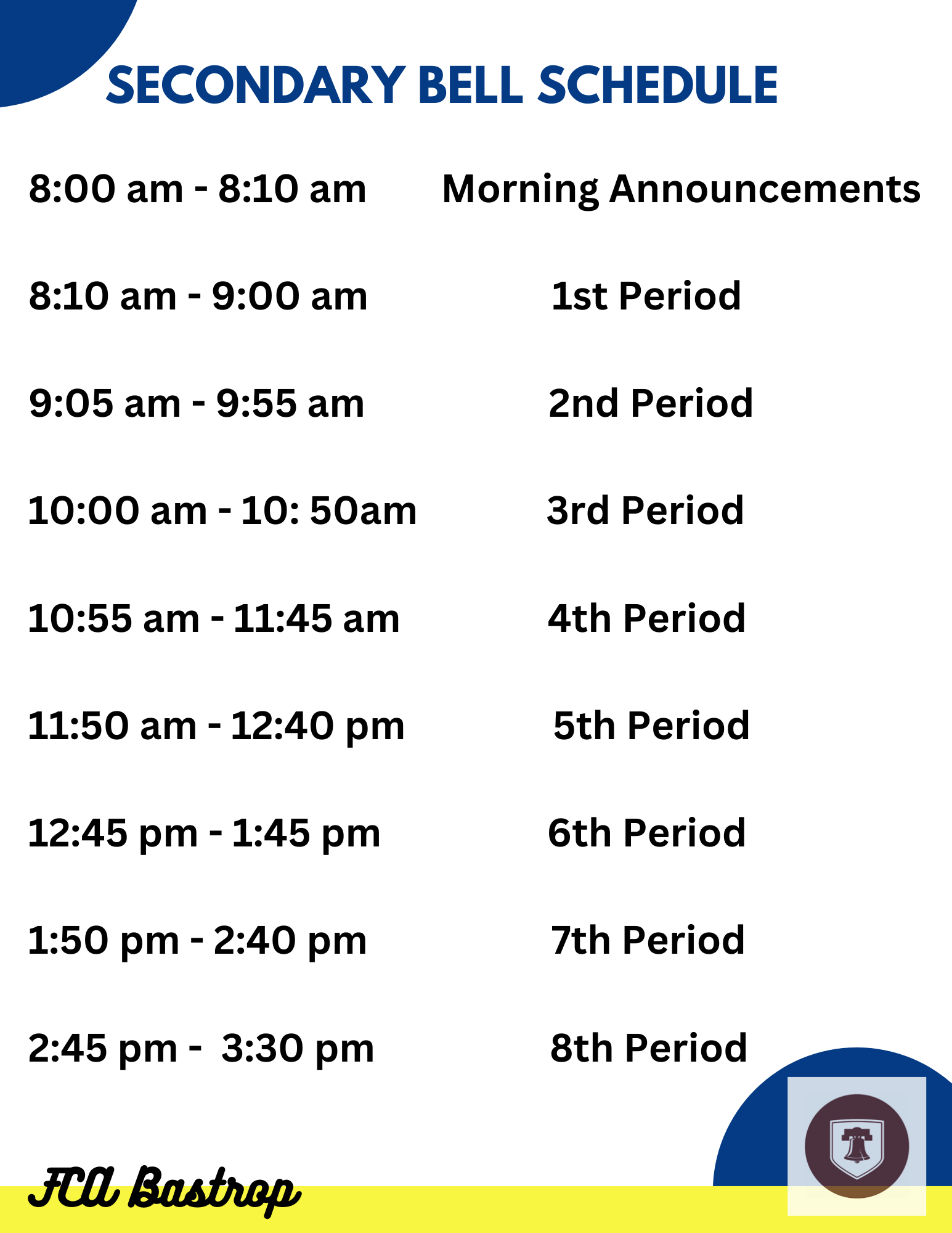 Secondary Bell Schedule Calendar & Bell Schedule Founders Classical