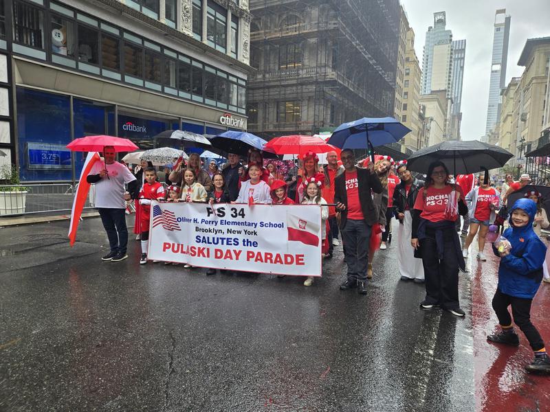 A parade group with umbrellas celebrating Pulaski Day on 5th Avenue.