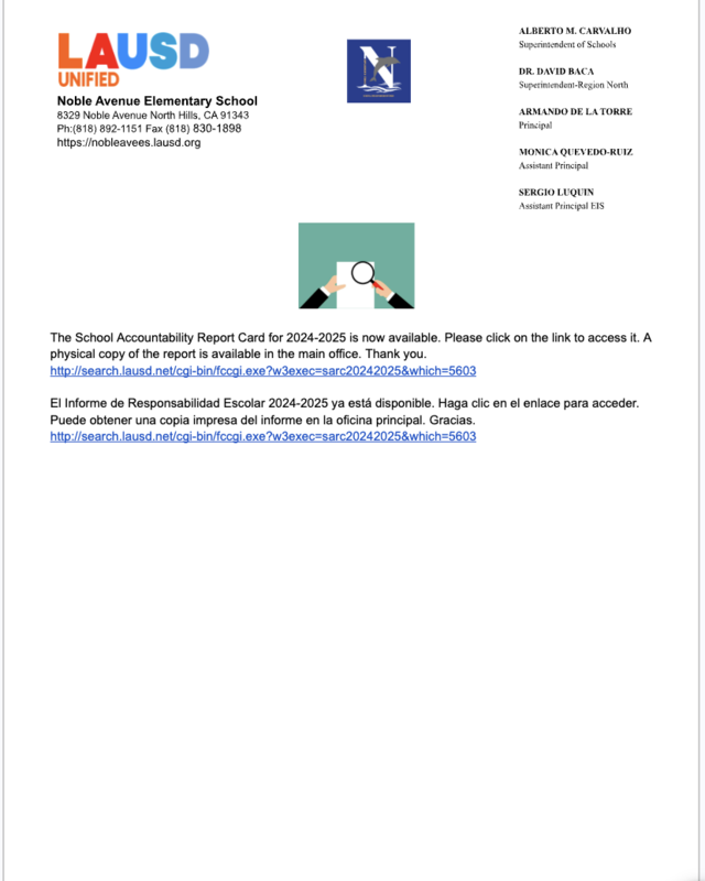 School Accountability Report Card for 2024-2025/Informe de Responsabilidad Escolar 2024-2025