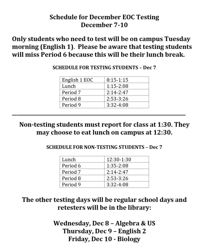 EOC Testing Schedule