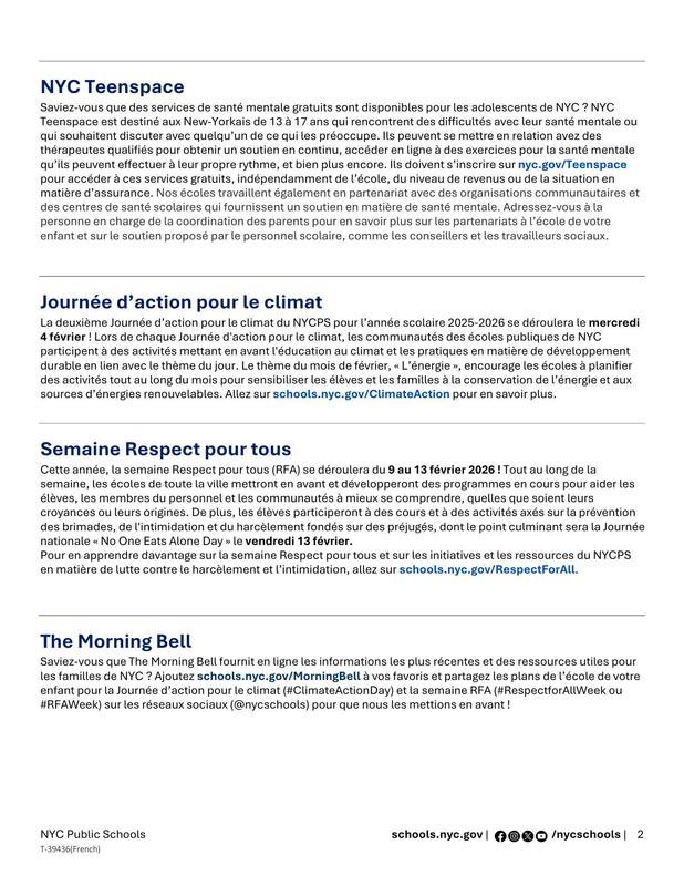 January 2026 NYCPS Family Letter- French