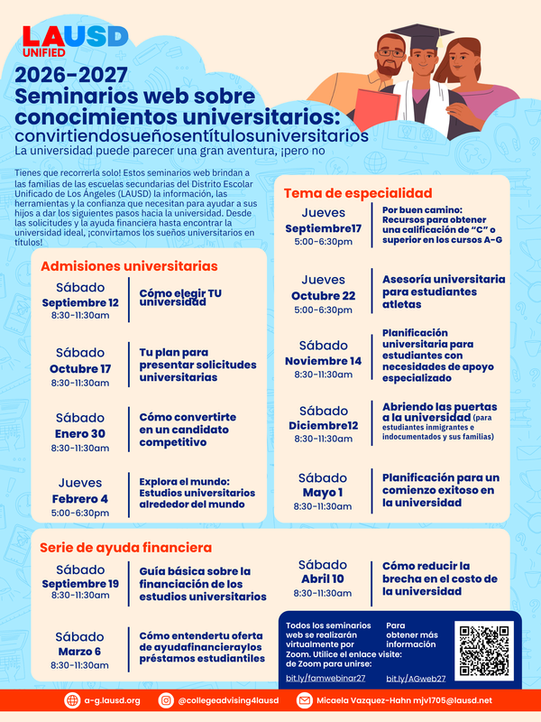 2026-2027 College Knowledge Webinars / Seminarios web sobre conocimiento universitarios