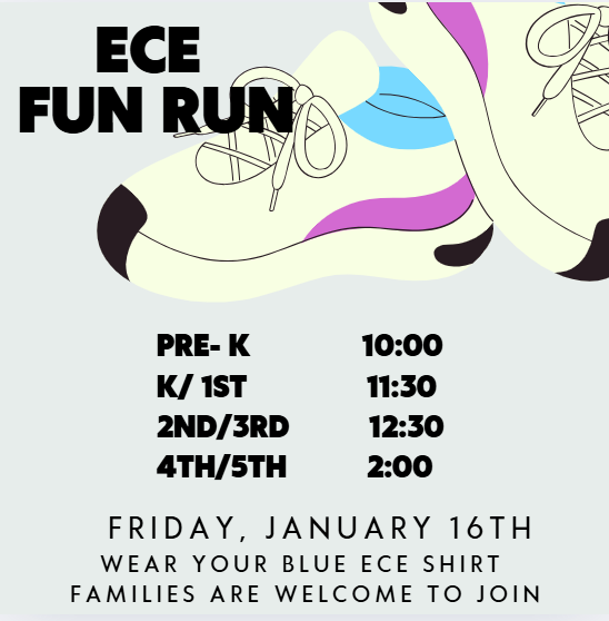 Event flyer for ECE Fun Run with colorful sneakers and schedule details.