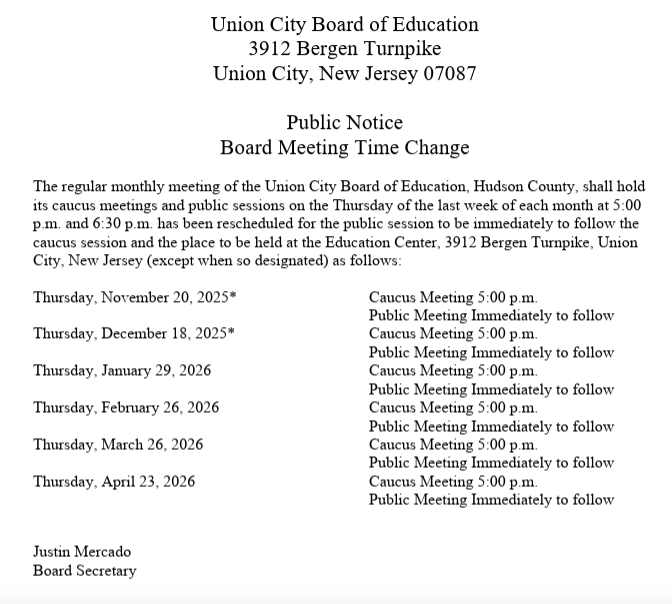 UCBOE Board Meeting Schedule 2025-2026 (Public Notice Time Change)