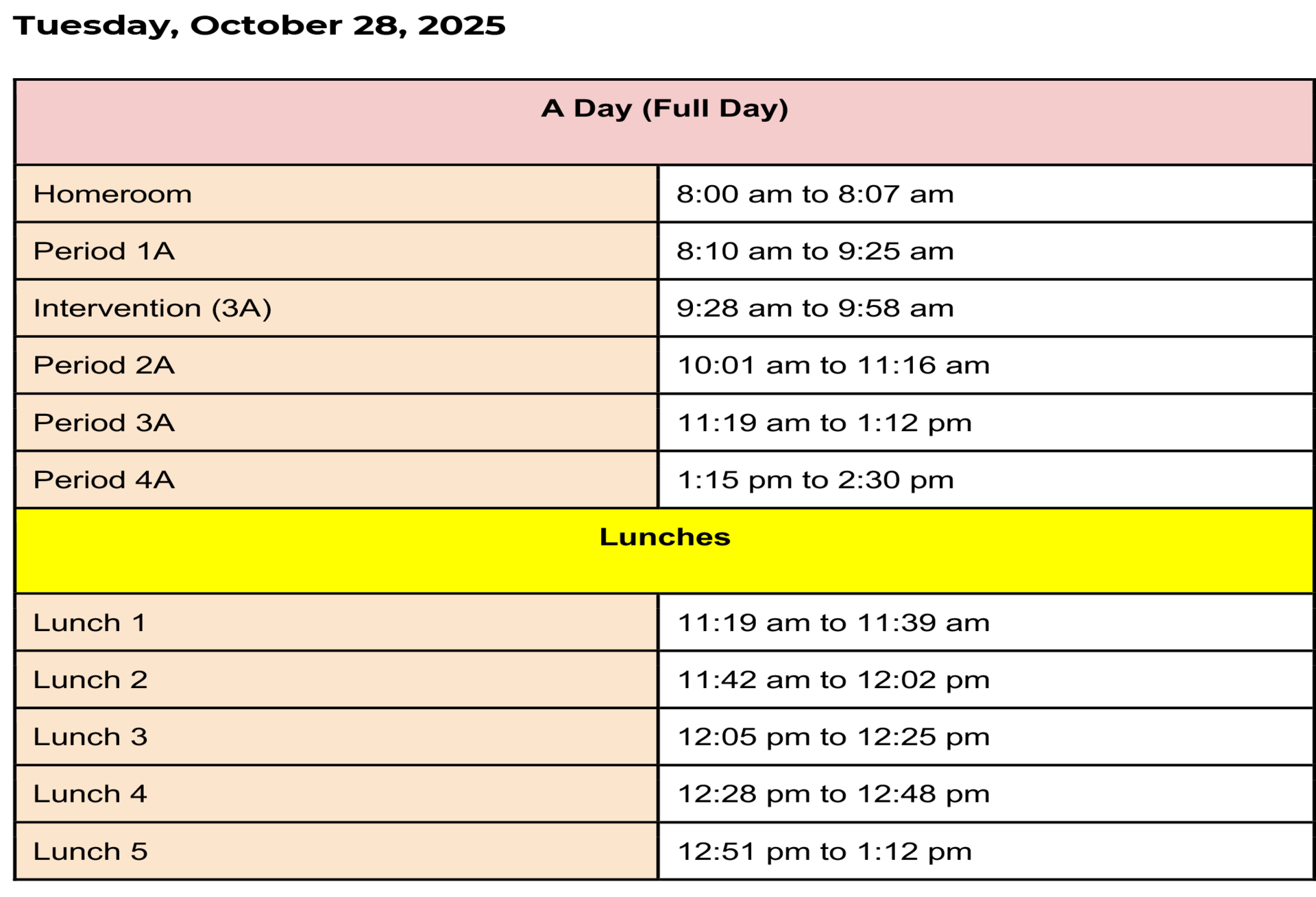 Schedule for A Day with periods and lunch times outlined.