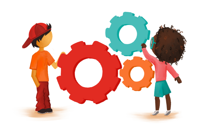 Two children interacting with colorful gears, one wearing a red cap and the other with curly hair.