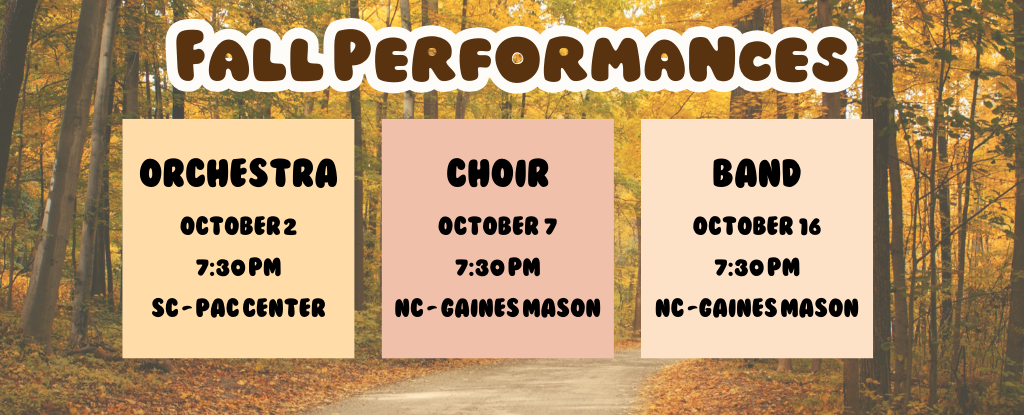 Text announcing Fall Performances with event details on a forest background.