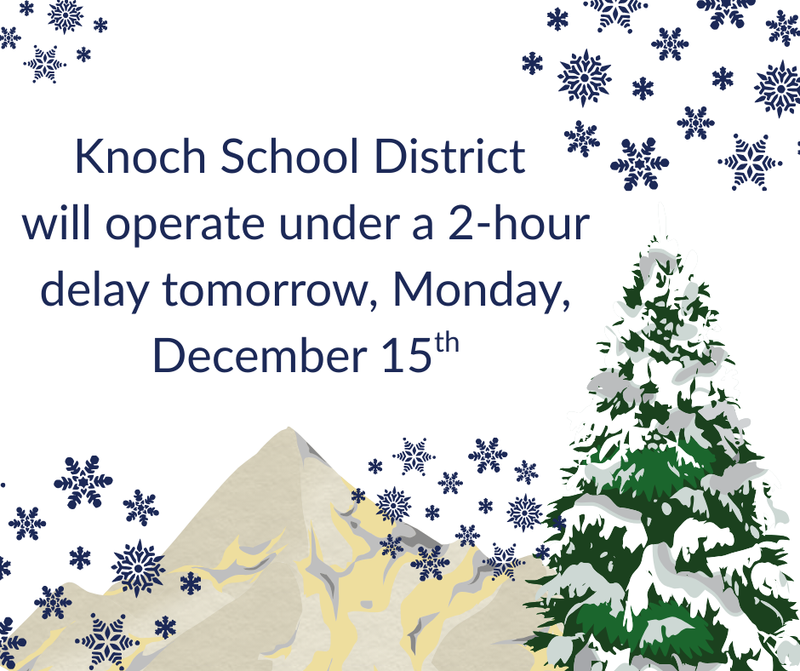 snowy scene with mountains and snowflakes announcing 2-hour delay