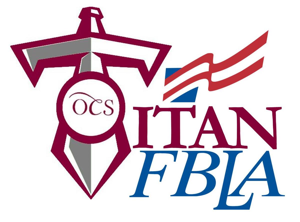 Logo featuring a sword and text for Titan FBLA with an American flag.