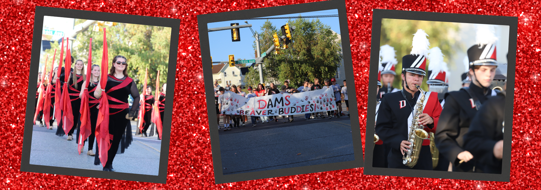 Colorful parade with flag twirlers and a marching band.