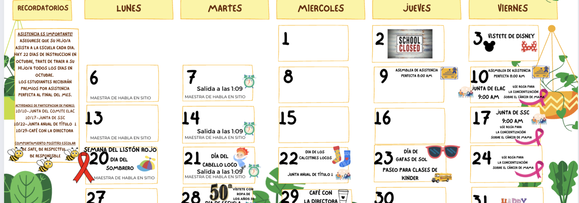 October parent calendar spanish