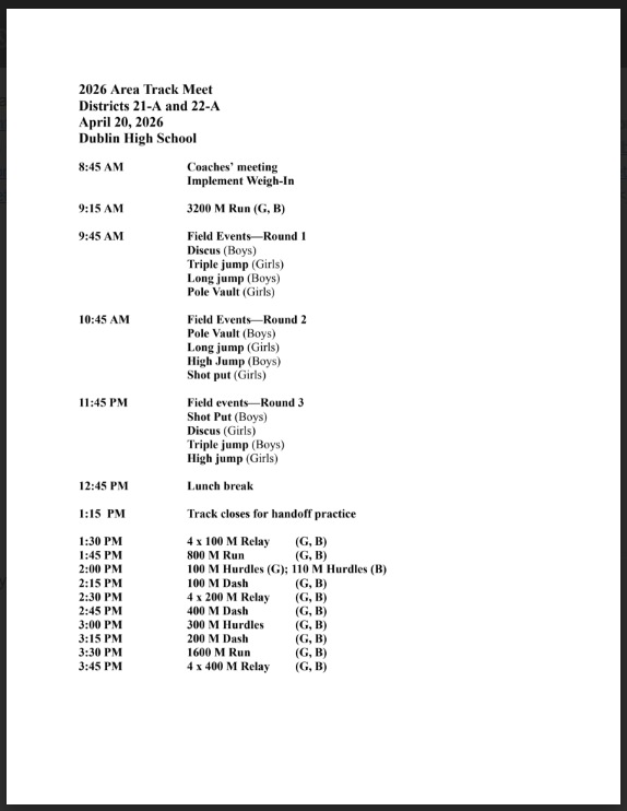 AREA TRACK MEET APRIL 20TH Featured Photo