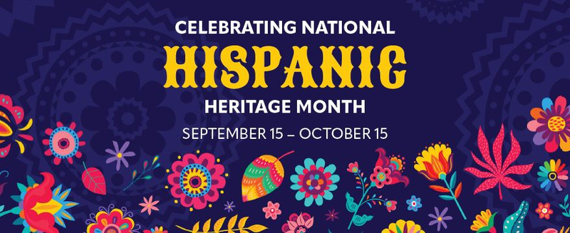 bluish purple background photo with flowers and says National Hispanic Month