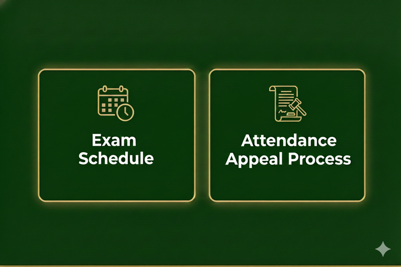 Icons for Exam Schedule and Attendance Appeal Process on a dark green background.