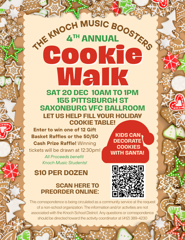 sign about music boosters cookie walk - information can be found using link in article