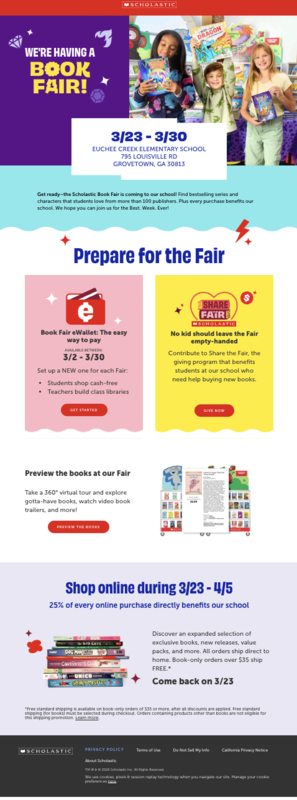 Announcement for a book fair with dates and shopping details.